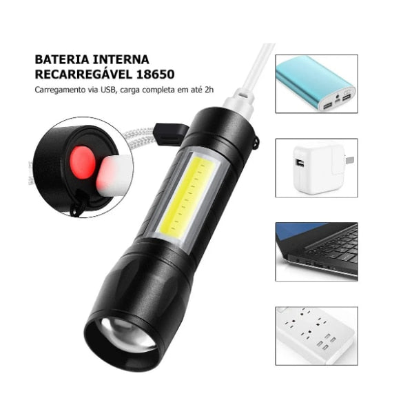 Lanterna Militar Tática Com Led e Zoom p/ regular, Recarrega via USB - Comeeta