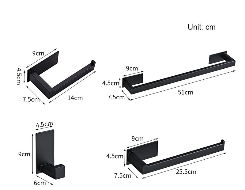 Conjunto de Acessórios para Banheiro c/ Acabamento Preto c/ Barra de Toalha c/ Gancho para Toalha c/ Porta Papel Higiênico