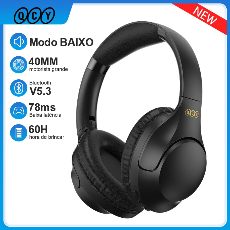 QCY H2 PRO Fone de ouvido sem fio bluetooth V5.3 Fone de ouvido 40mm Drivers Bass 60h Long Bateria Life ENC HD Calling AUX Portable Headset - Preto - Comeeta