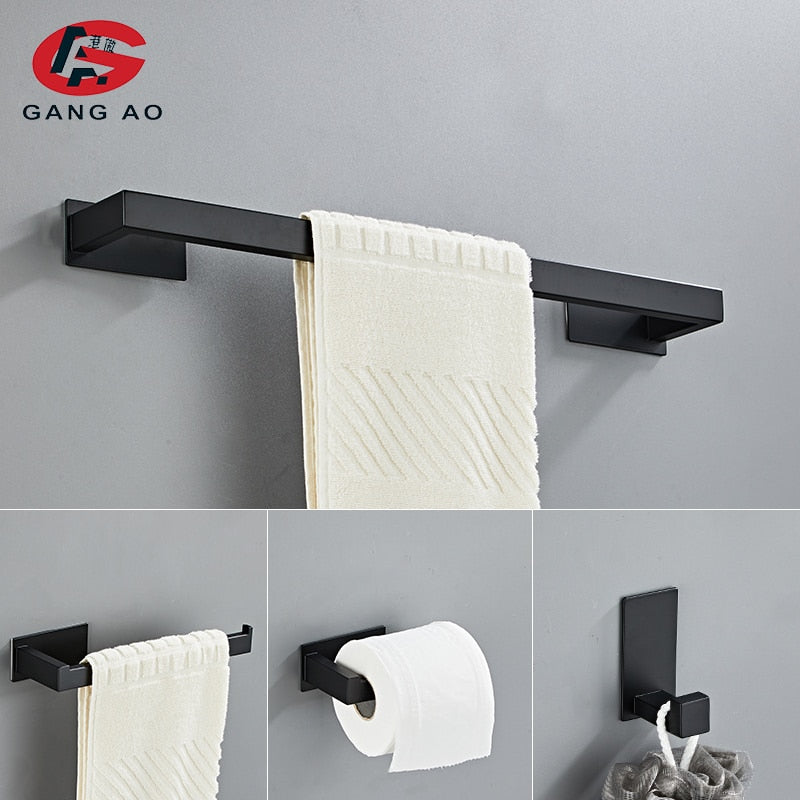 Bathroom Hardware Set self Adhesive Bathroom Accessories Black Finish Towel Bar Towel Hook Towel Ring Toilet Paper Holder